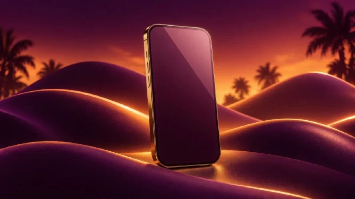 A blank-screen smartphone among plum hills with warm gold lighting