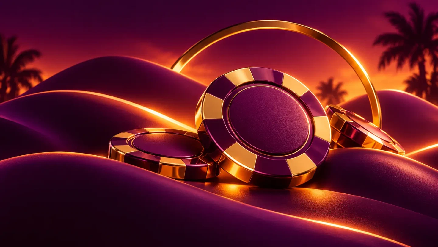 Plum and gold casino chips among glowing sculptural hills